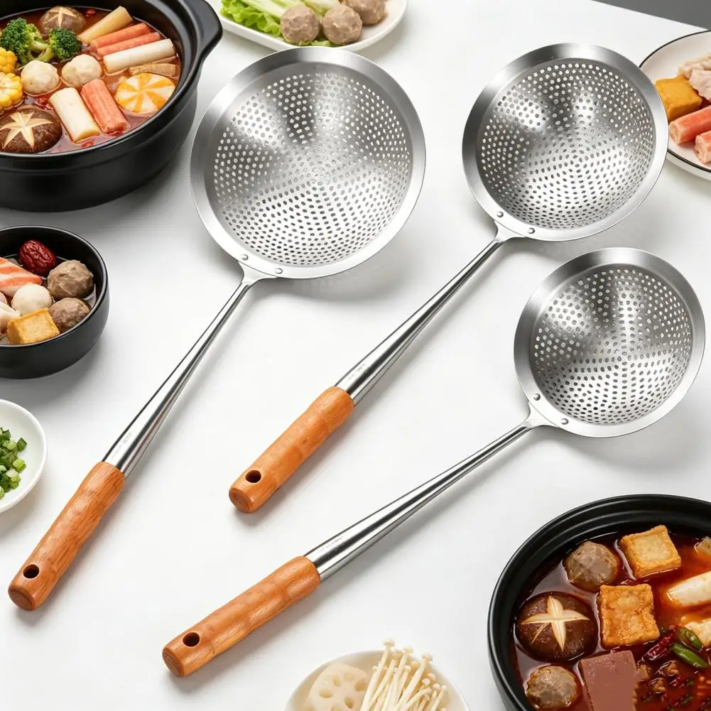 Rivet Reinforced Handle Colander Stainless Steel Skimmer with Wooden Handle Heavy-duty Fine Mesh Strainer Kitchen for Frying