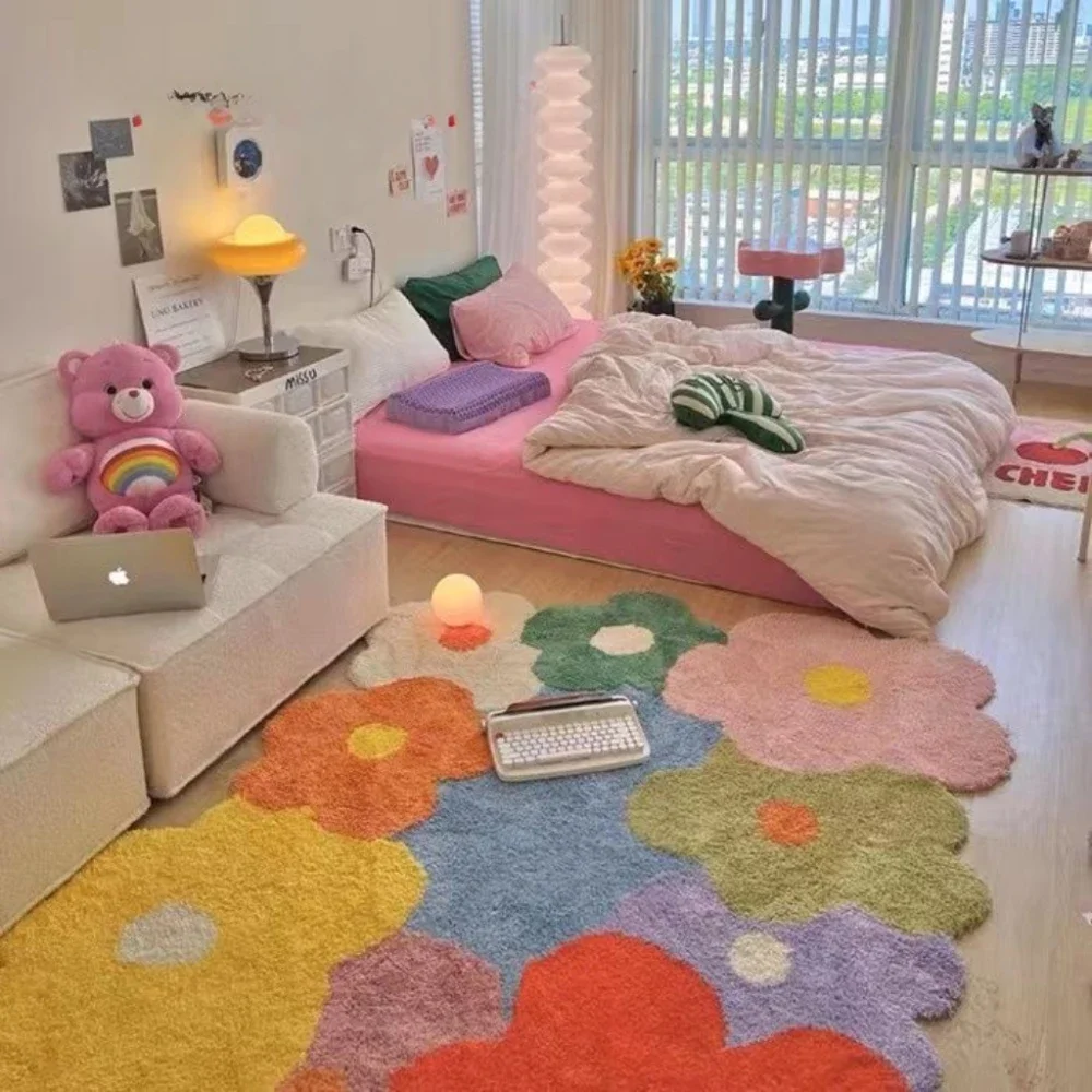 Fresh Flowers Shaped Imitation Cashmere Carpet Girl Heart Bedroom Bed Blanket Home Living Room Carpet All Spread