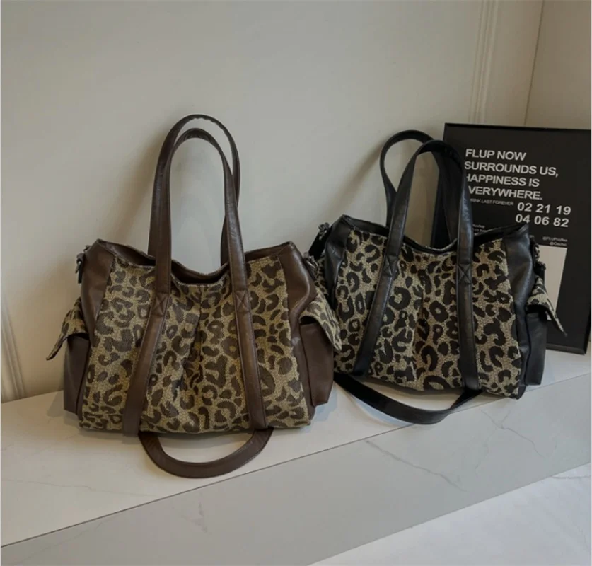 Fashion Canvas Leopard Print Personalized Women's Handbag Large Capacity Messenger Bag Bucket Female Tote Bag Shopping Bag