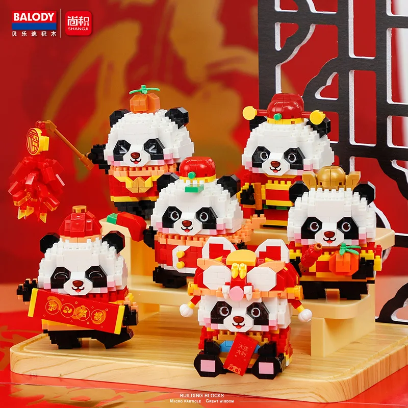 

BALODY 6pcs Kawaii New Year Pandas Building Block Animal Figures Micro Assembled Cute Panda Model Mini Brick Toys For Kid Gift