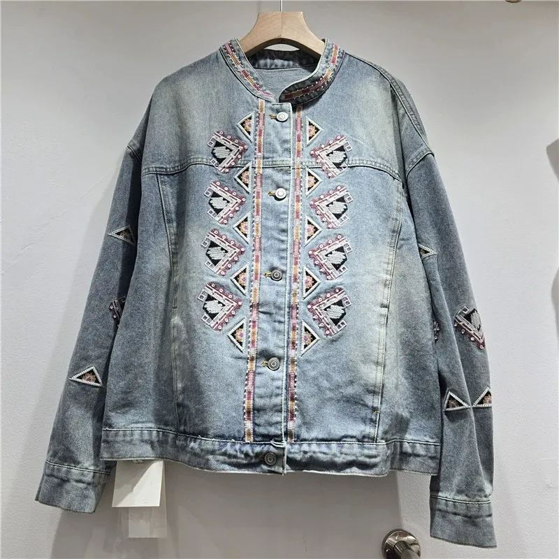 Vintage Beaded Sequins Embroidery Casual Women Denim Jacket Blue Apricot Stand Collar Single-Breasted Long Sleeve Jeans Jackets
