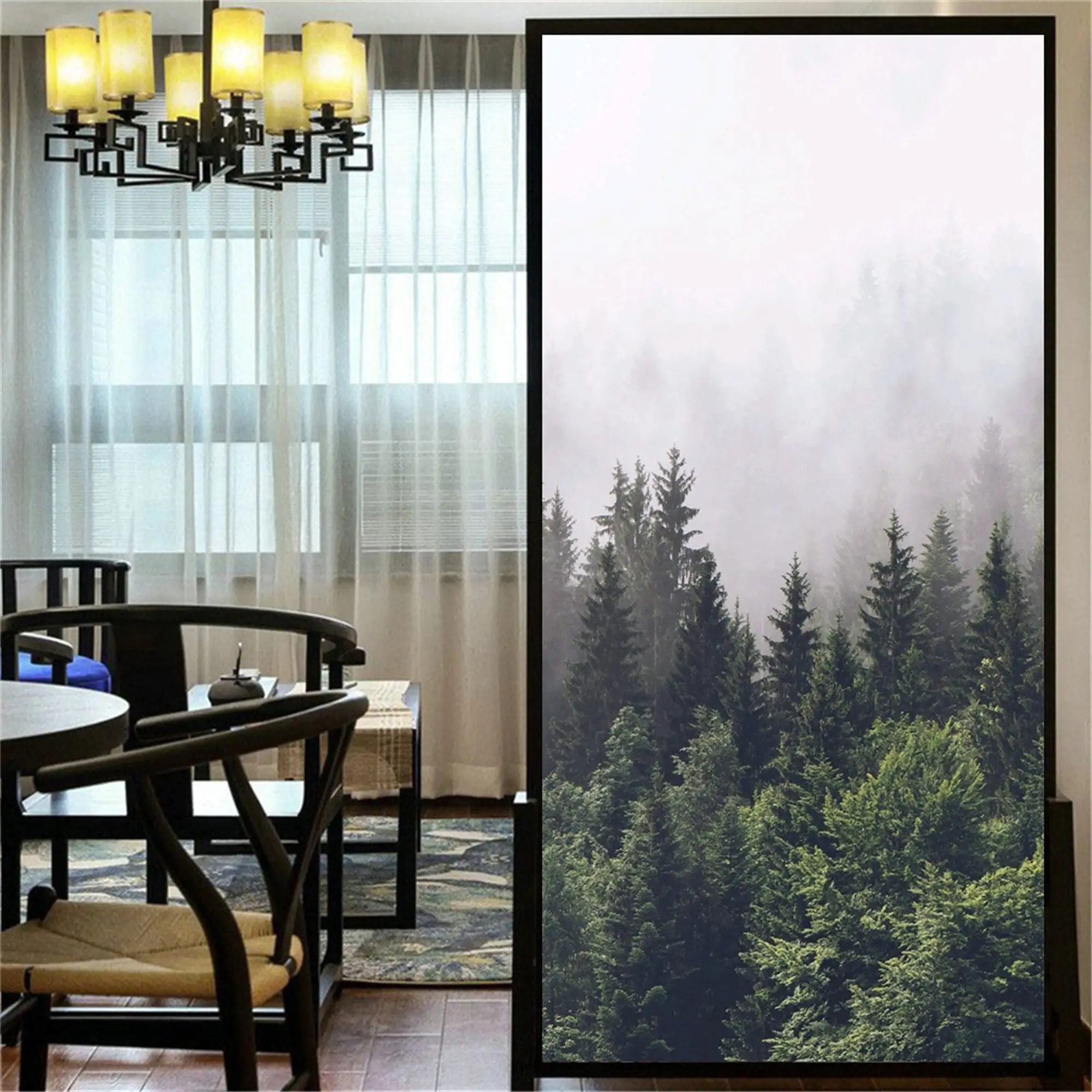 Pellicola per vetri della foresta autoadesiva, fantasia Misty Jungle Plant Tree glassato Privacy Window Film adesivi in vetro statico colorato