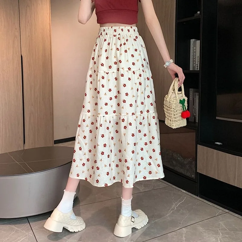 Floral Skirts Women Korean Clothing Trendy Pleated Elastic Waist Baggy Cozy Leisure All-match Sweet Girls College Popular Chic