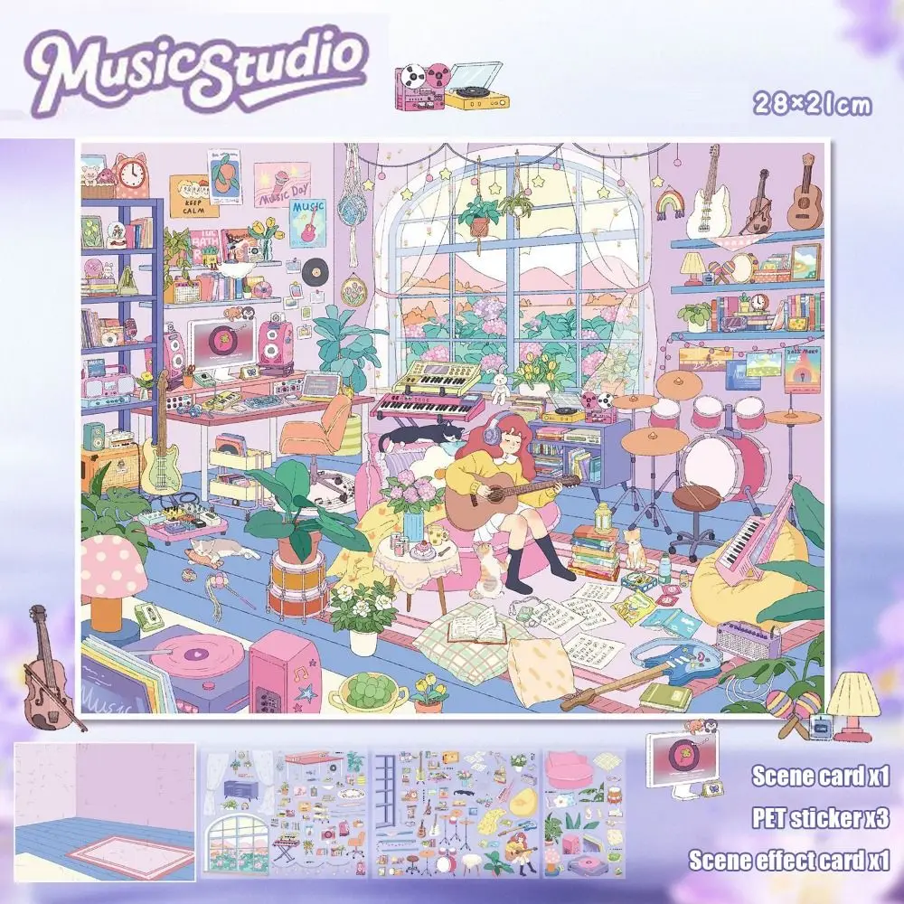 Music/Illustration Studio 3D Landscape Sticker Scene Display Visual Stacking DIY Pocket Cabin Scene Stickers Decompression