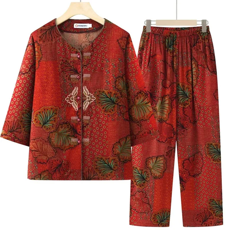 

Korean Lady Thin Straight-leg Pants 2PCS Middle-aged Mom Large Size 5XL T-shirt Summer Female Embroidered Trousers Two-piece Set