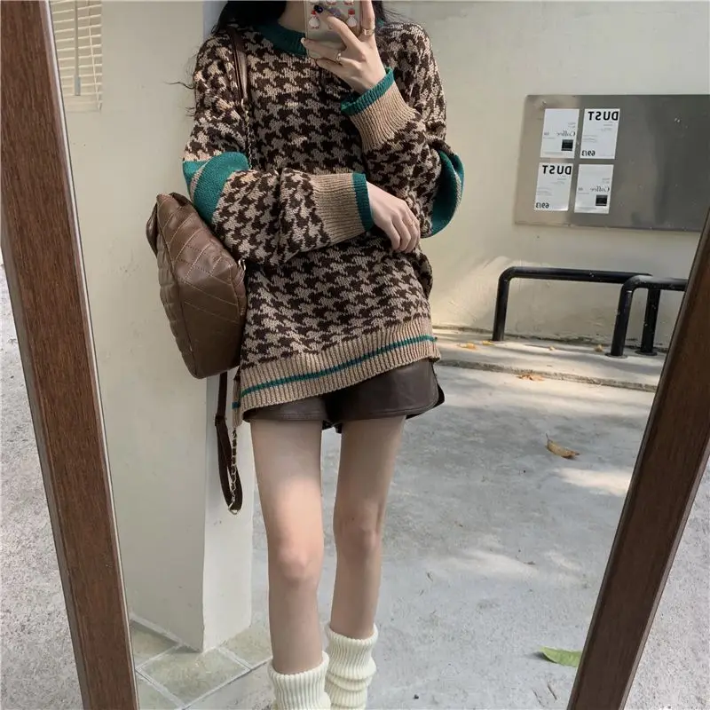 Autumn Winter Korean Fashion Patchwork Long Sleeve Knitwear Women Simplicity Office Lady Sweater All-match Casual Knitting Tops