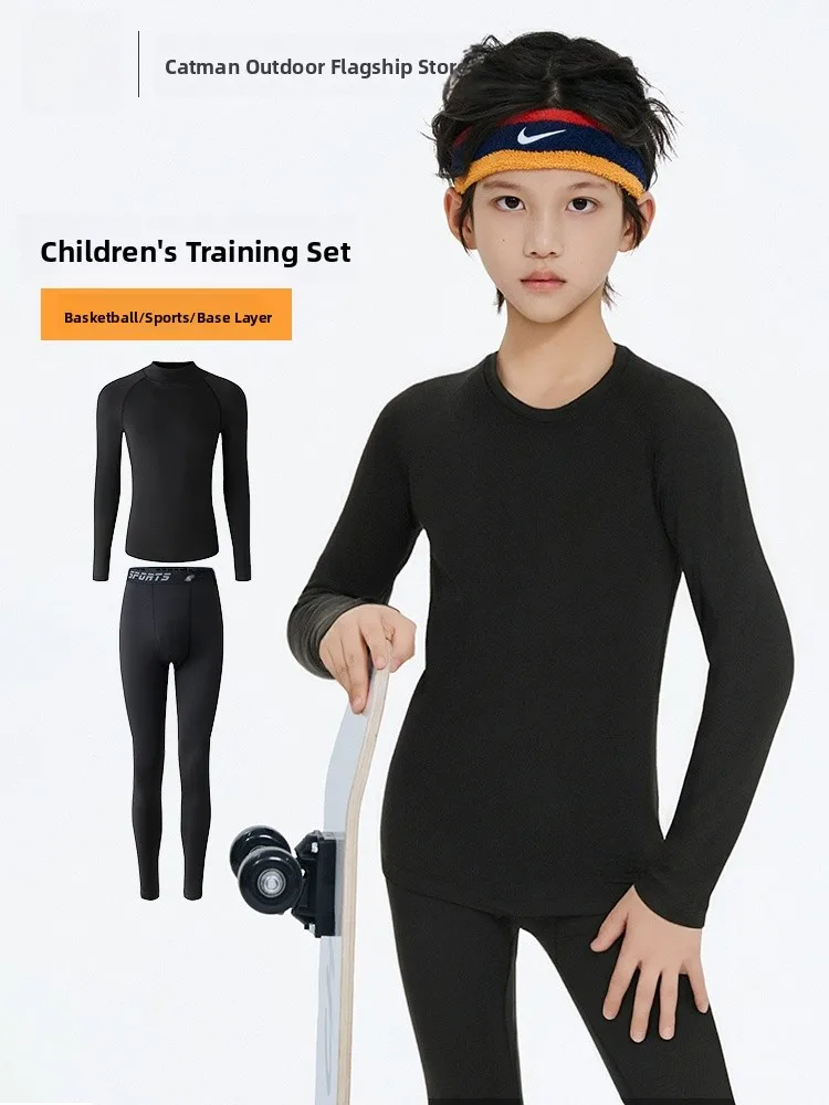 速乾性フリース裏地付きバスケットボールトレーニングフィットネス服セット男の子用子供用スポーツスキー暖かい下着キット