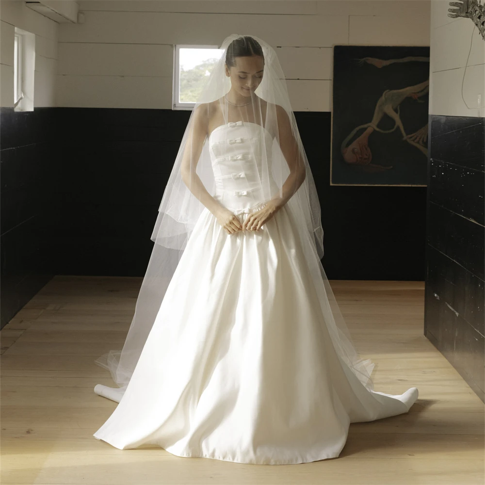 20118# Stunning Strapless A-line Satin Wedding Dress For Bride 2024 Woman Bridal Gown With Bow Customzied