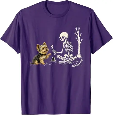 Lustiges Yorkie-Skelett und Halloween-Kostüm-Totenkopf-T-Shirt Y2K Niedlicher Welpe Hund Papa Mama Grafik-Bekleidung Halloween Haustierliebhaber-T-Shirts – Detail 12