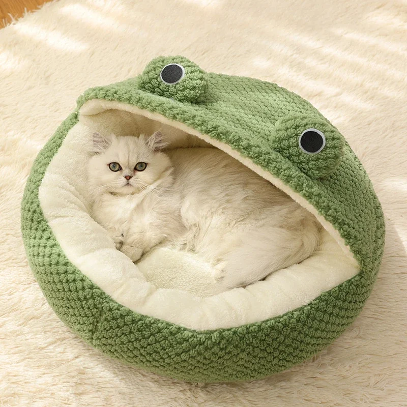 Soft Cat Beds Little Frog Series Semi Enclosed Cat Nest Autumn and Winter Warm Plush House Dog Nest Cat Accessories