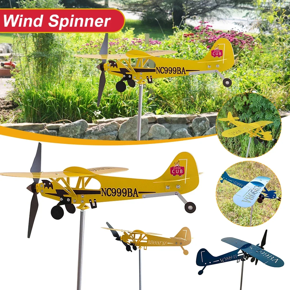 3D Piper J3 Cub Wind Spinner Plane Metal Airplane Weather Vane Outdoor Roof Wind Direction Indicator WeatherVane Garden Decor