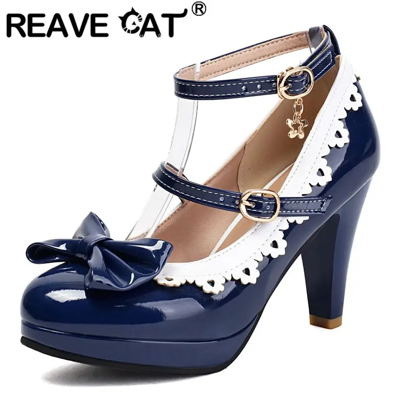 REAVE CAT Lolita Style Women Pumps Round Toe High Heels 9cm Double Buckle Strap Bowknot Miexed Color 46 47 48 49 50 Dress Shoes