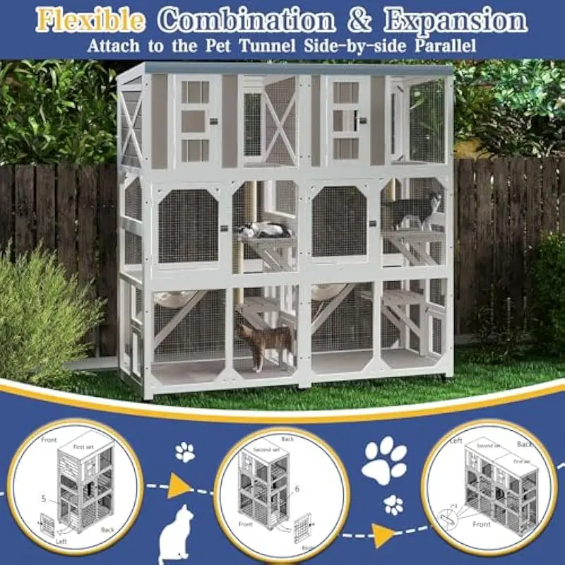 Spacious wheeled wooden catio for outdoor feline adventures featuring weatherproof roof detachable for sunbathing sturdy metal c