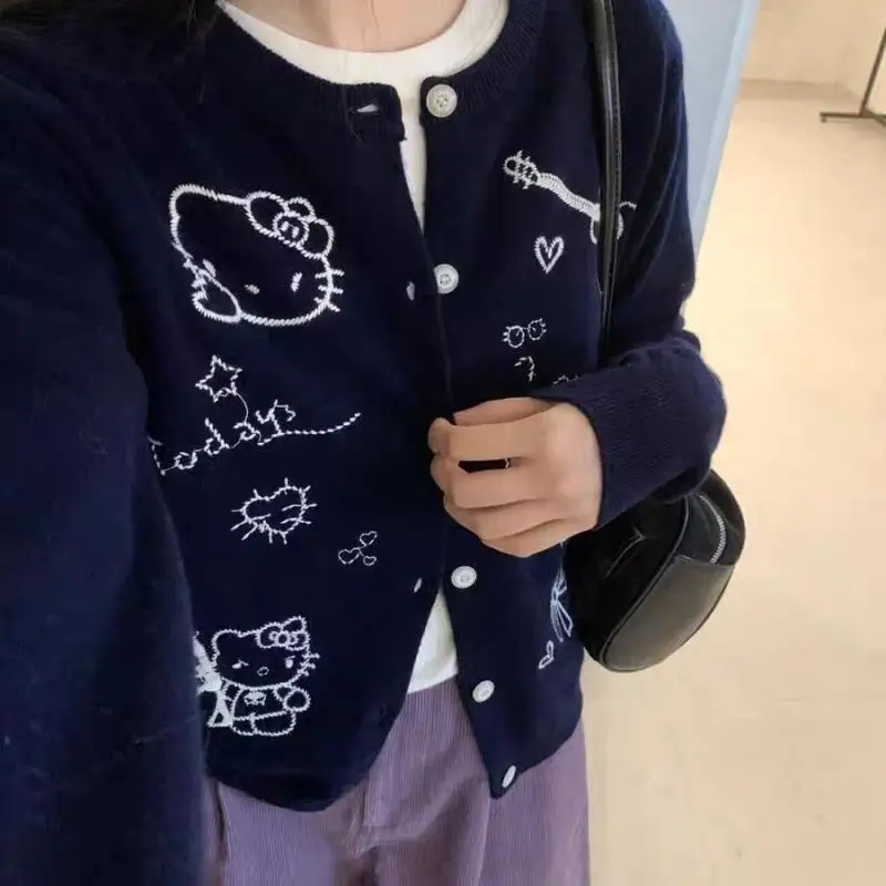 

Women's Knit Cardigan Cute Kitten Cartoon Anime Kawaii Soft Round Neck Button Woman Clothing Casual Warm Long Sleeve Female Tops
