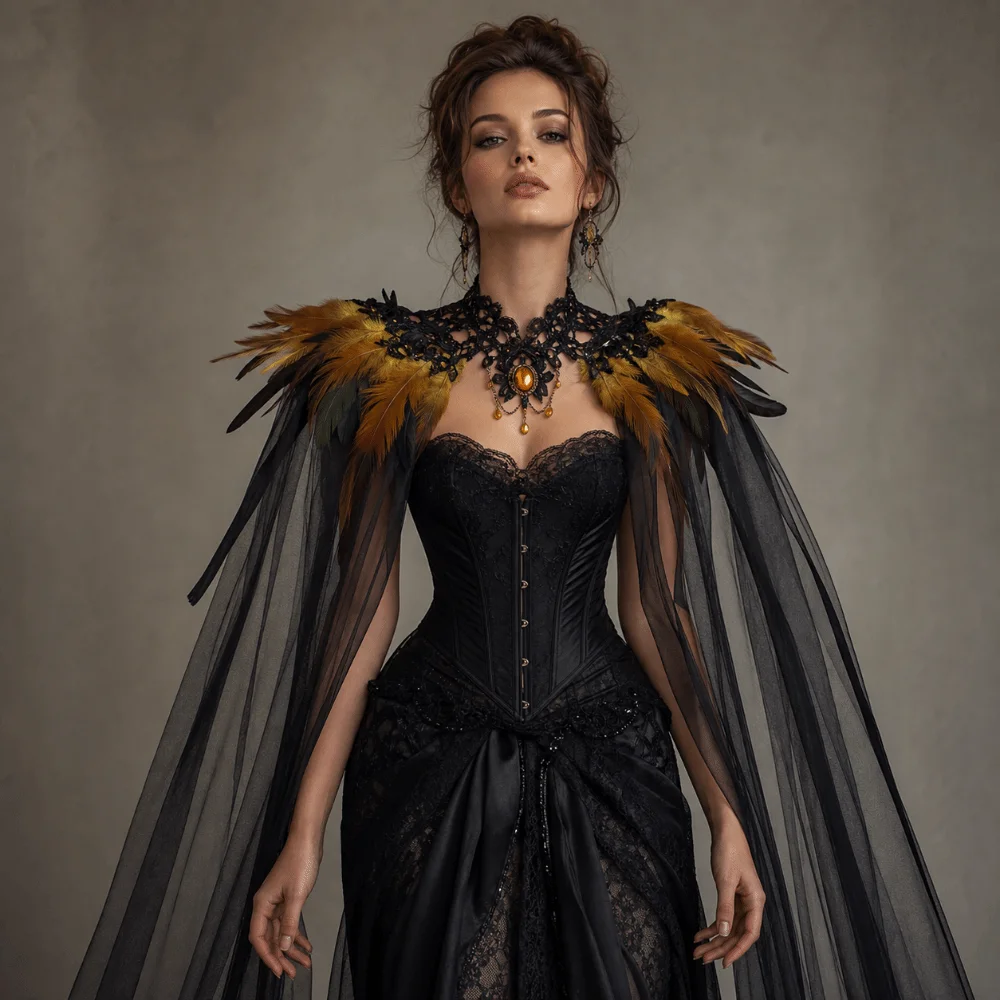 Black Halloween Feather Cloak Fur Collar Mesh Fringe Hollow Lace Mesh Cape Flowing Elegant Festival Costume Cape