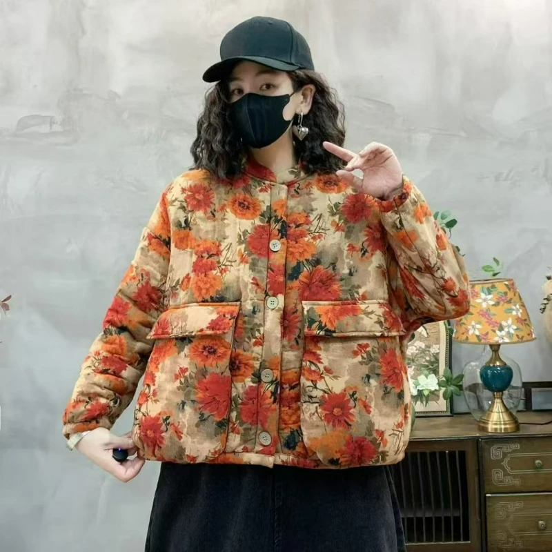 

2026 New Fleece Retro Ethnic Style Stand-up Collar Printed Cotton-padded Jacket Thickened Warm Short Coat Fashionable for Women