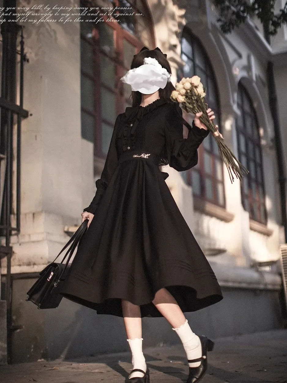 Japonês retro elegante babados gola boneca manga longa cintura alta bordado rendas magro a linha lolita vestido longo feminino primavera