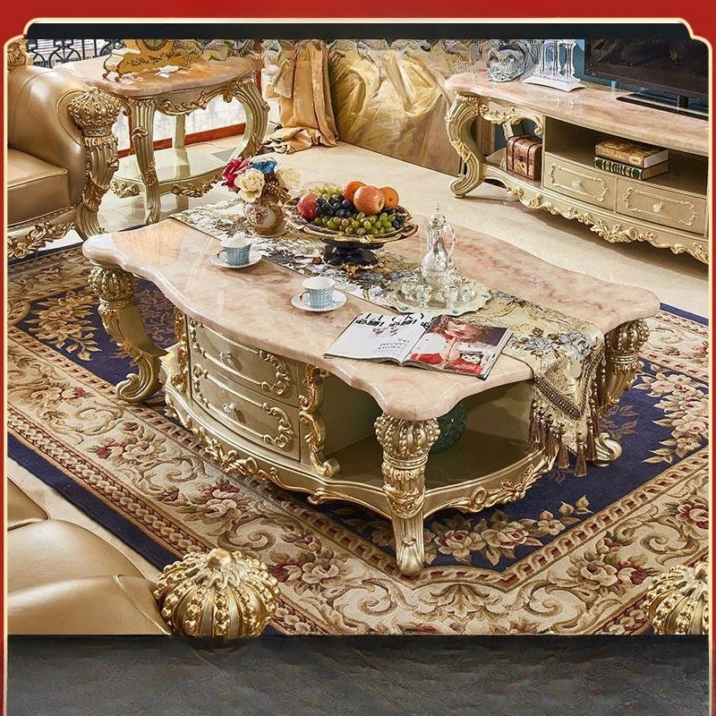 European Style Living Room Villa Luxury Champagne Gold Crown Solid Wood Carved Coffee Table Marble Long Coffee