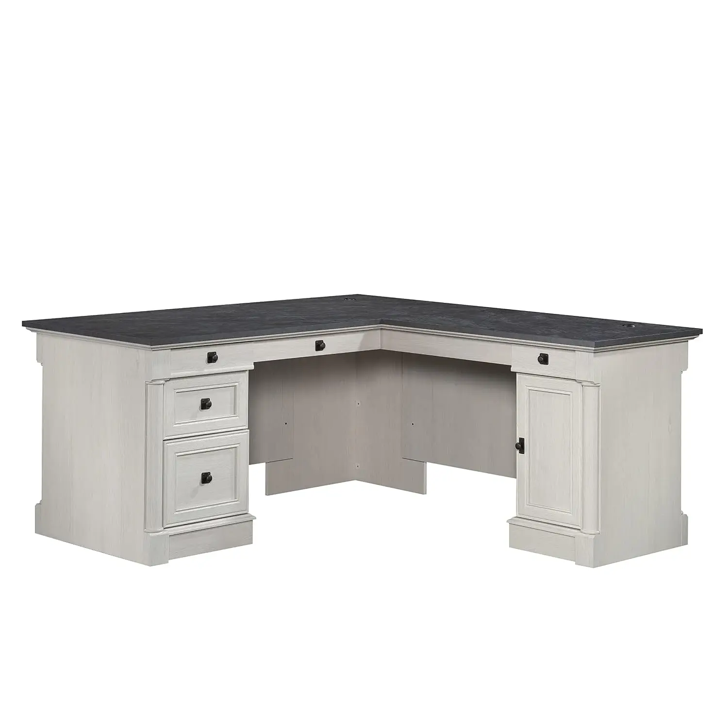 L Shaped Office Desk with File Cabinet Storage & Cable Management & Keyboard Tray, Glacier Oak Finish, Customized