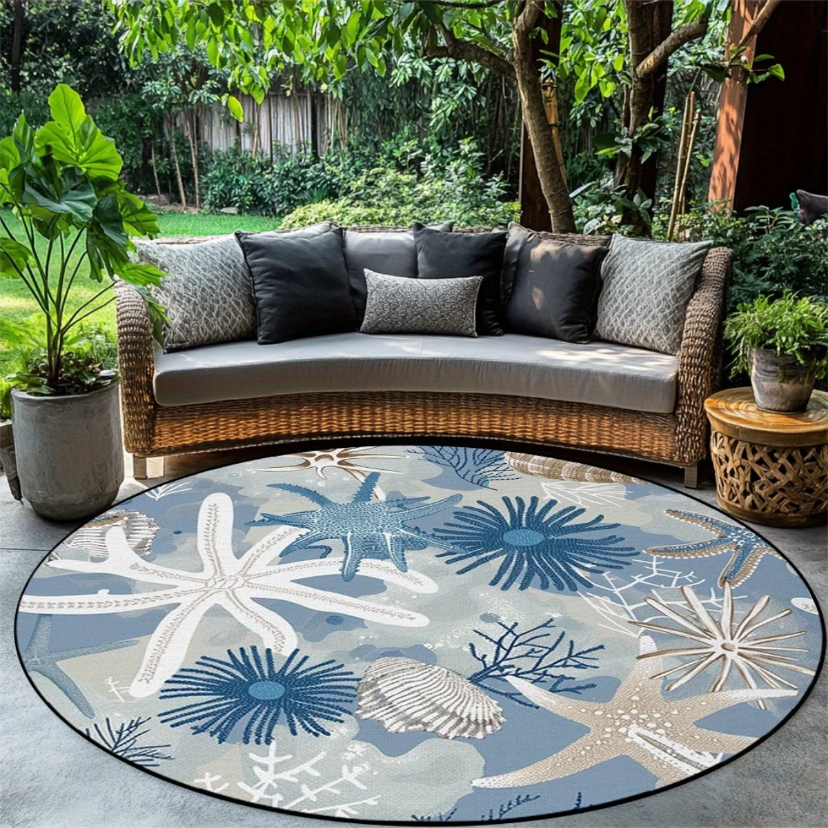 

1 piece of nautical starfish coral print durable round rug, crystal velvet rug for bedroom, living room decoration