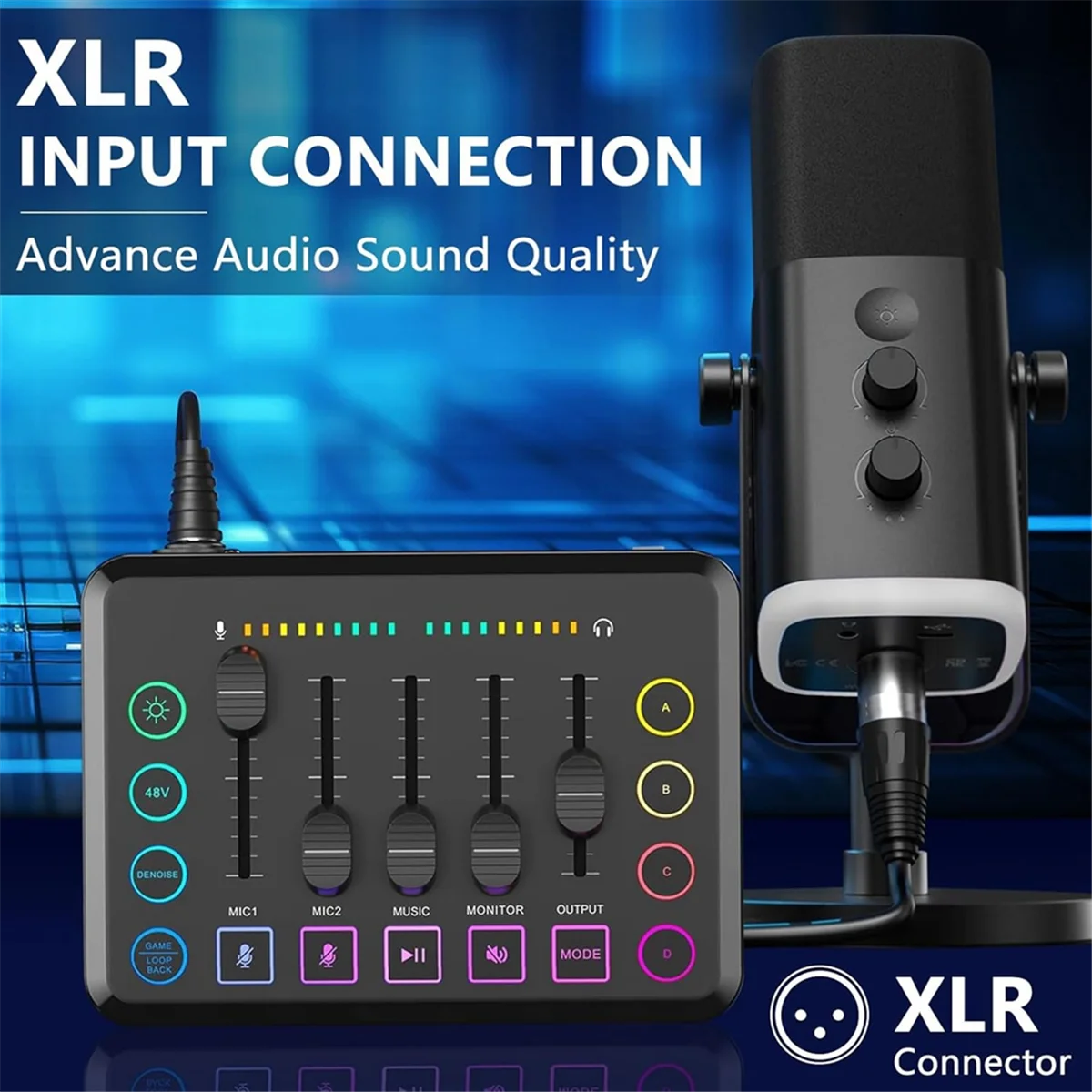 Gaming Audio Mixer, Streaming RGB PC Mixer with XLR Microphone Interface, Volume Fader, 48V Phantom Power for Podcast