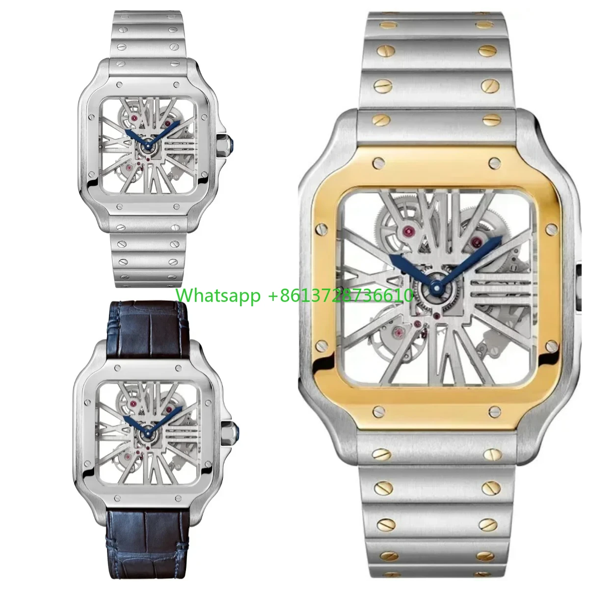 ساعات رجالي فاخرة لعام 2029 هيكل عظمي Vk حركة كوارتز ساعات مربعة مزدوجة الجوانب 904L حزام من الفولاذ المقاوم للصدأ Montre De Luxe