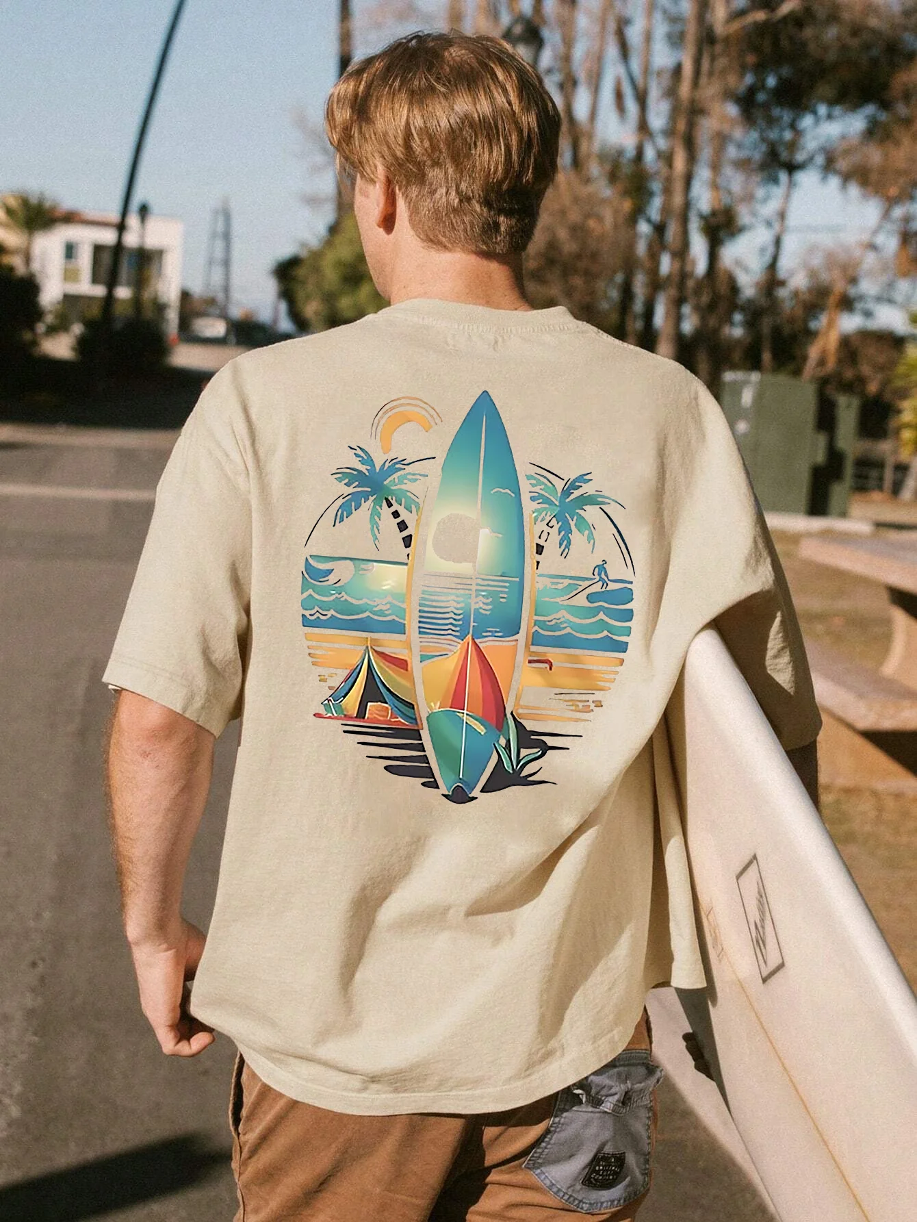 

Men's Surfboard Graphic Tee - Casual summer tee with vibrant beach scene design, short sleeves, crew neck