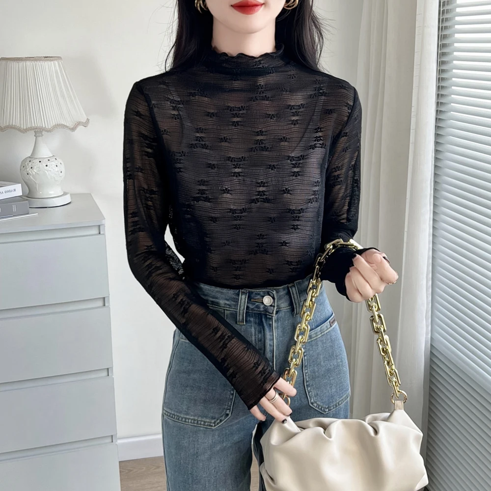 Sexy Women Half High Collar Long Sleeve T-shirt See Through Flower Embroidered Lace Tops Solid Slim Fit Cute Sheer Tees Shirts