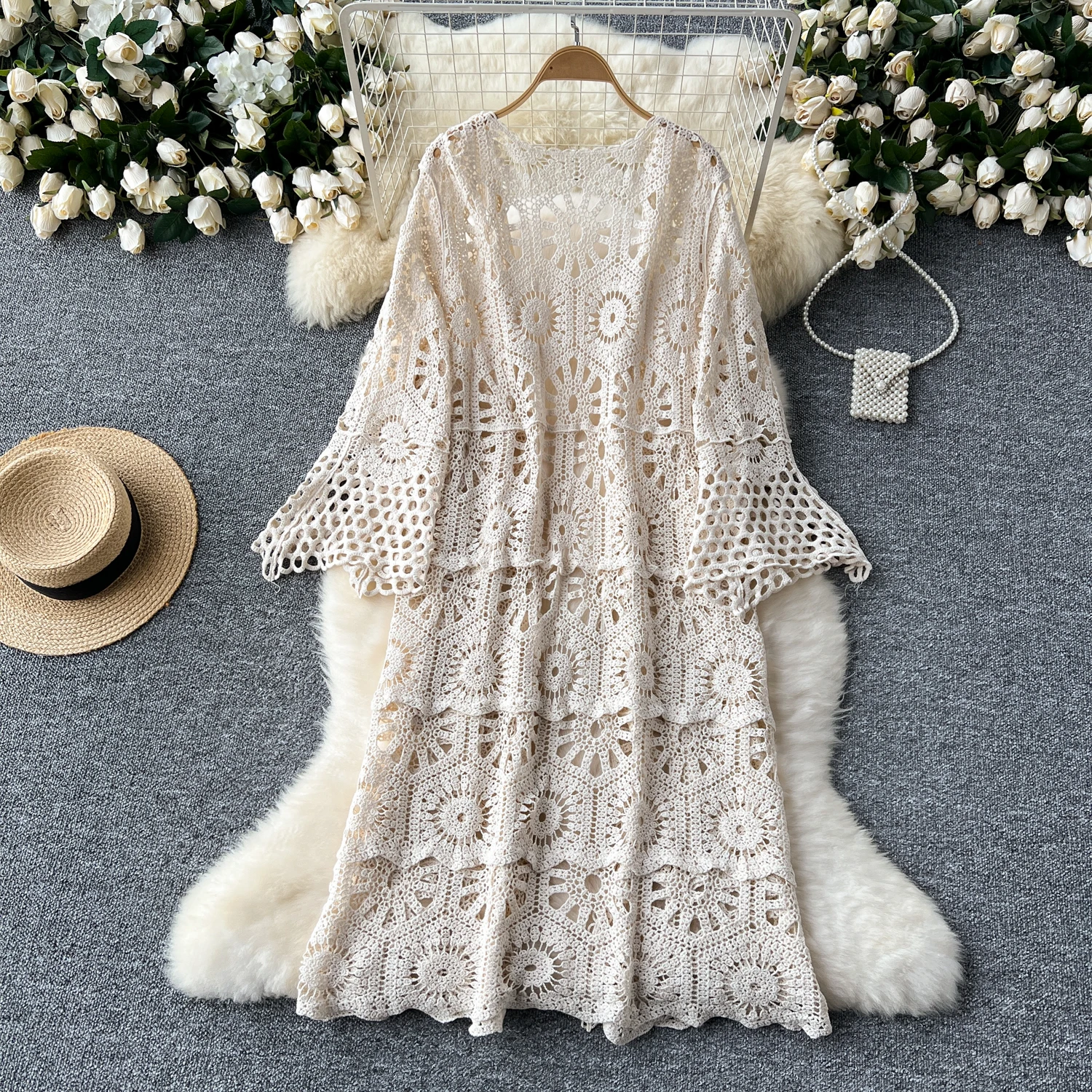 2025年春夏ビーチバケーション用、女性向けボヘミアンケープ風ロング丈日焼け止めニットカーディガン