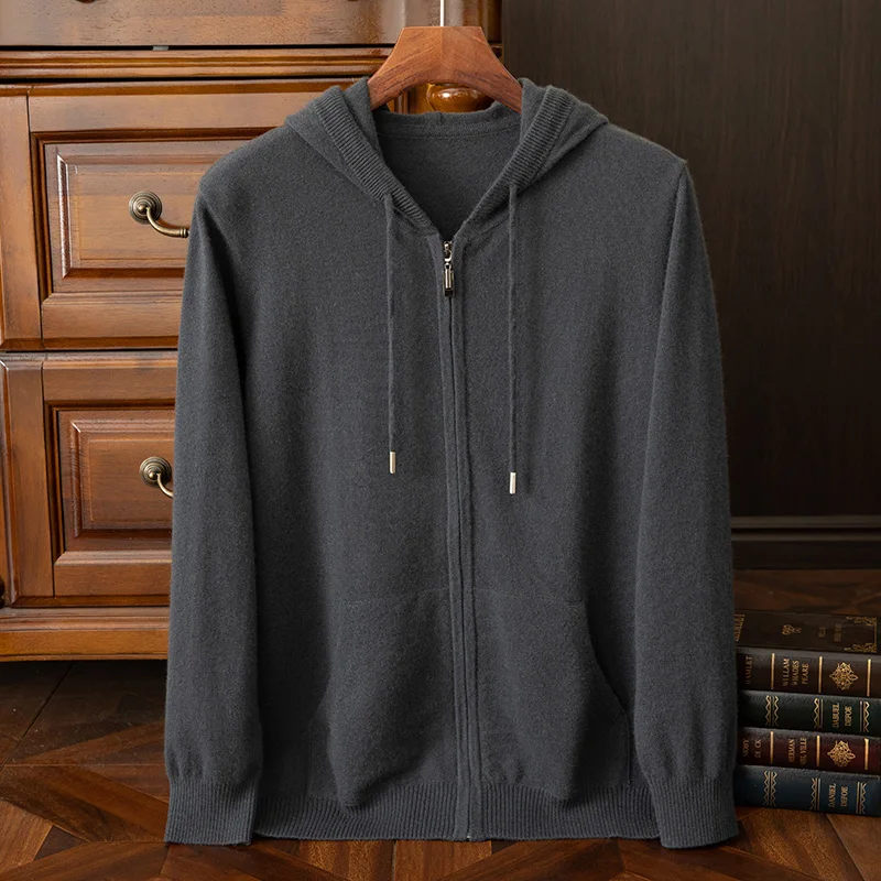 New autumn and winter men's 1 wool cardigan simple casual loose knitted sweater hood pull-on zipper jacket