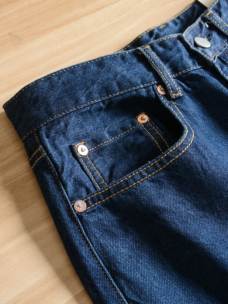 Classic Straight Leg Men's Jeans Indigo Cotton Casual Loose Fit Long Pants Vintage No Tag Versatile Everyday Blue Jeans