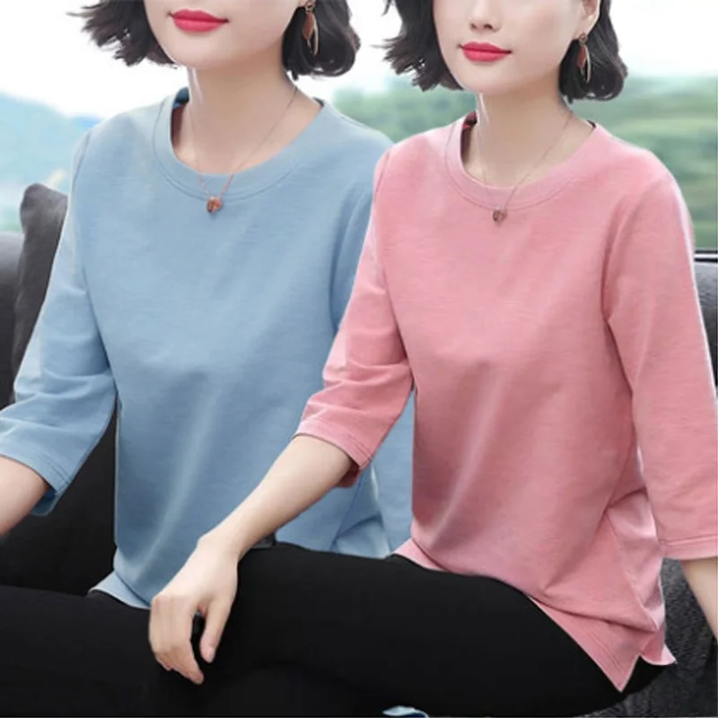 Artistic Vintage Three-Quarter Sleeve T-Shirt Women's New Large Size Spring Summer Mom's Wardrobe Mid-Sleeve Base Shirt Top