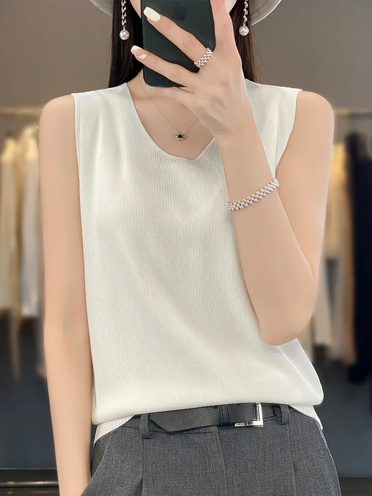 Women Causal Summer Ice Silk Pullover Loose Thread Solid Fashion Tank Tops Sleeveless Outer Wear Basic Versatile Camisole D330