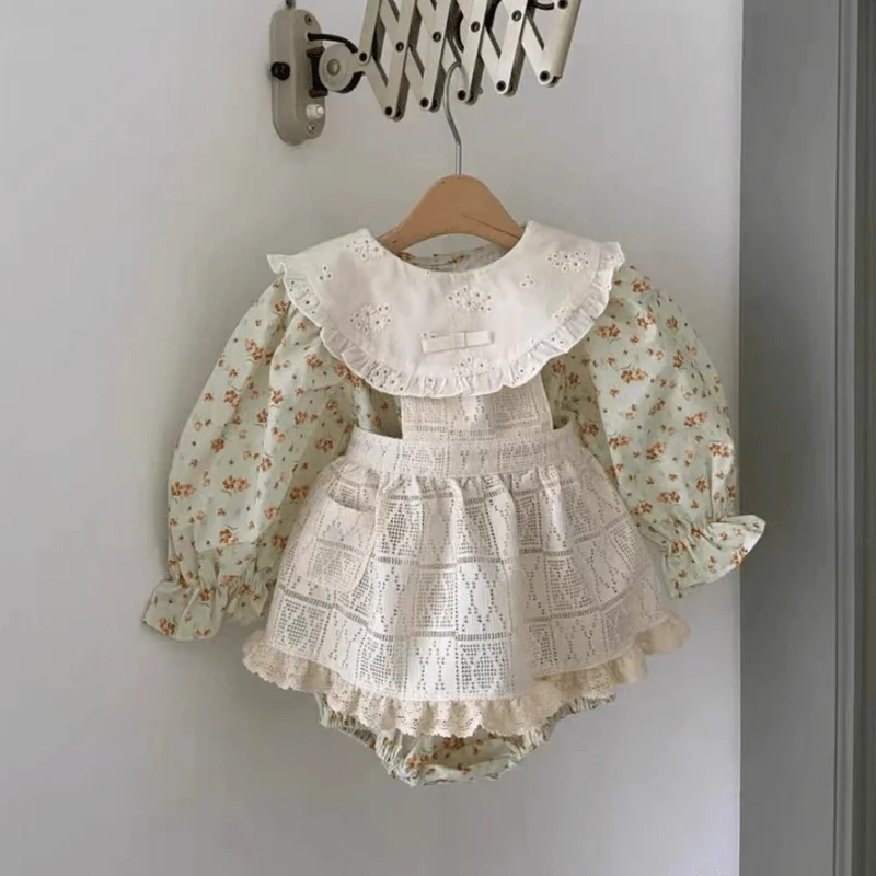 Newborn Baby Girl Princess Cotton Floral Romper Smock Infant Toddler Vintage Jumpsuit Lace Dress Outfit Autumn Baby Clothes 0-2Y