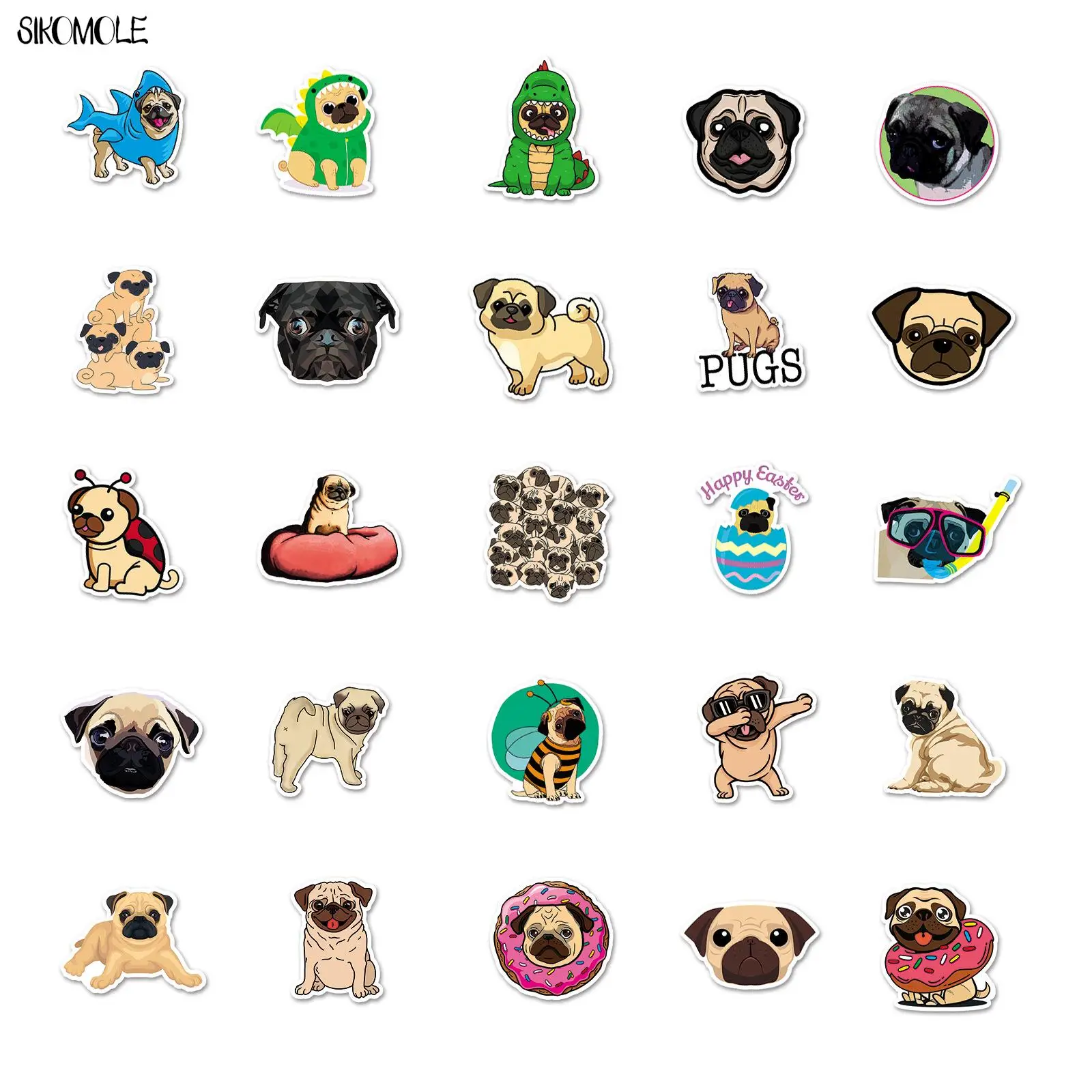 10/30/50pcs Cute Pug Dog Stickers Animals DIY Car Laptop Suitcase Skateboard Guitar Phone Cartoon Graffiti Sticker Kid Gift Toys