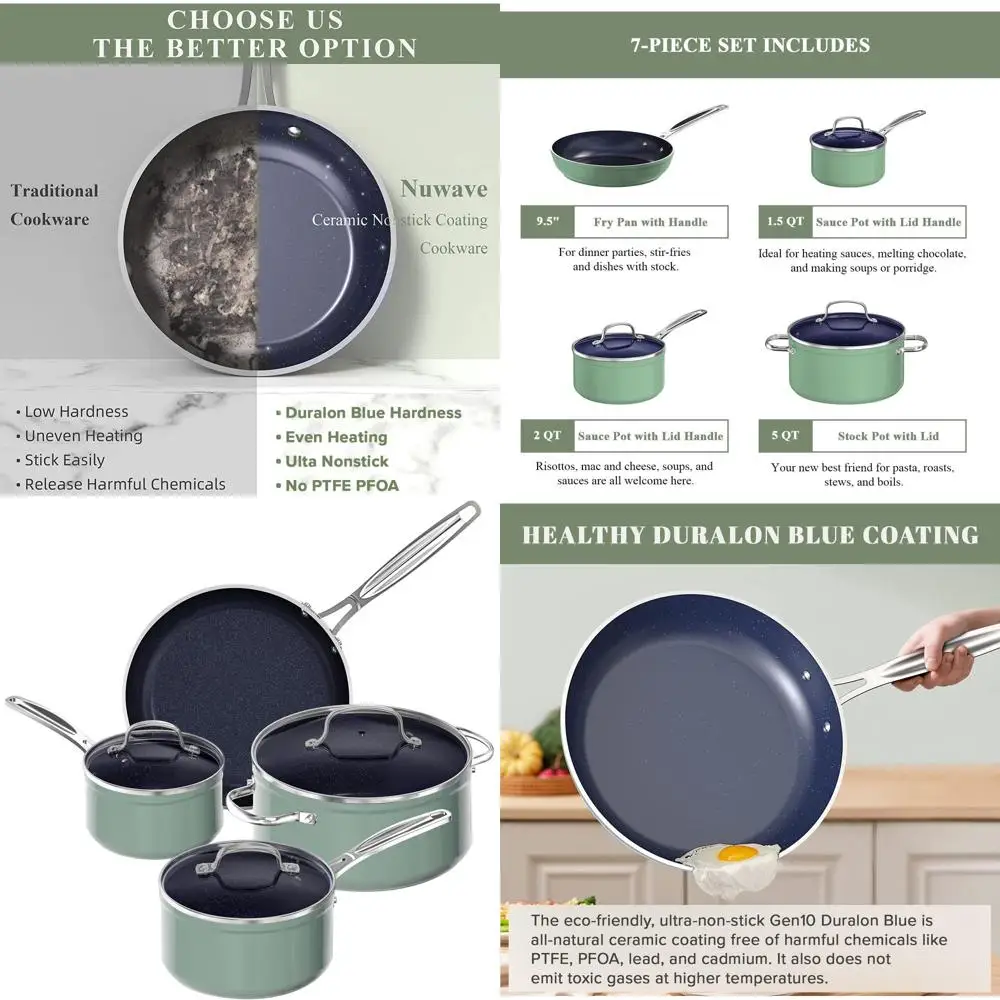 

Blue Ceramic Nonstick 7-Piece Cookware Set: Diamond Reinforced, Scratch-Resistant, PFAS-Free, Oven-Safe, Induction-Ready with Te
