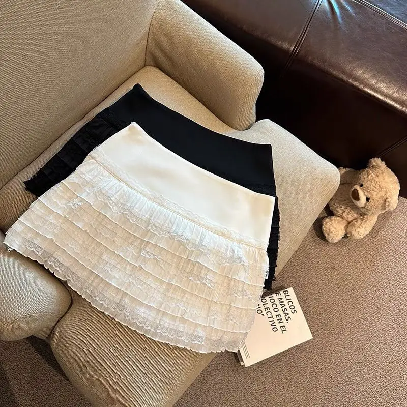 

Милые кружевные лоскутные юбки с рюшами и рюшами, летняя облегающая юбка трапециевидной формы с высокой талией для женщин, новинка лета 2025, черный Faldas Mujer