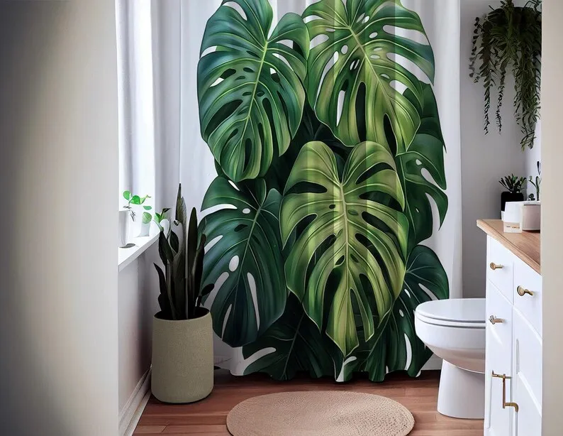 Monstera Green Leaf Shower Curtain, Waterproof Fabric Bath Curtain, Tropical Greenery Bathroom Decor, Bold Botanical Design