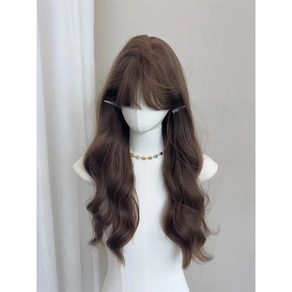 Ashely Wig for Women Brown Long Wavy Wigs with Bangs Wool Curls Long Hair Big Waves Headband Wig Heat-resistant  가발