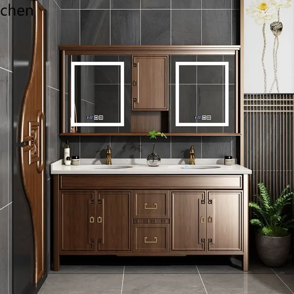 CZ Modern New Chinese Style Bathroom Cabinet Set Marble Smart Mirror Cabinet E0 Grade Anti-Fog Bathroom Washing Machine Cabinet