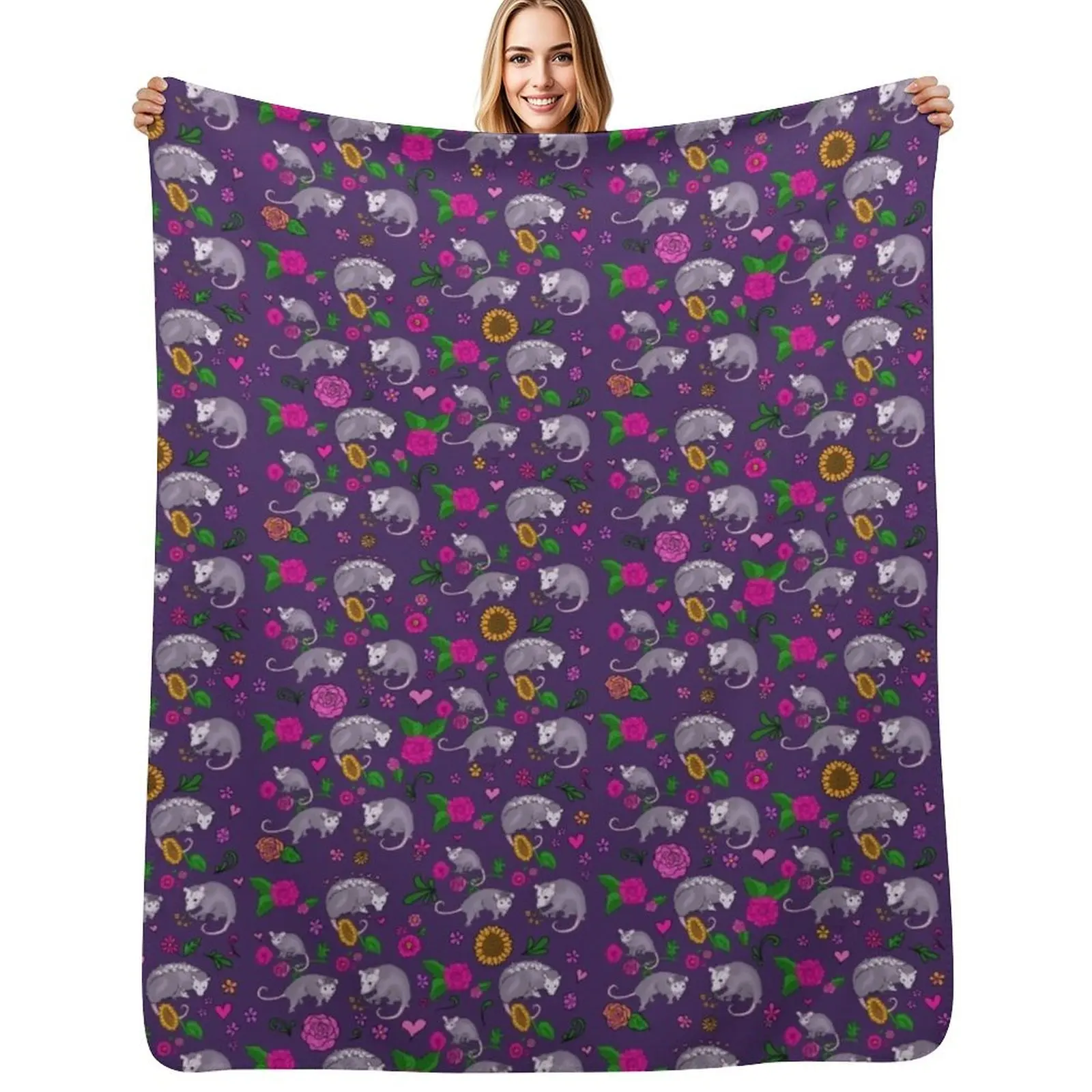 Trash Royalty in Dark Purple Floral Possum Print Animals with Flowers Throw Blanket Large funny gift Decorative Throw Blankets