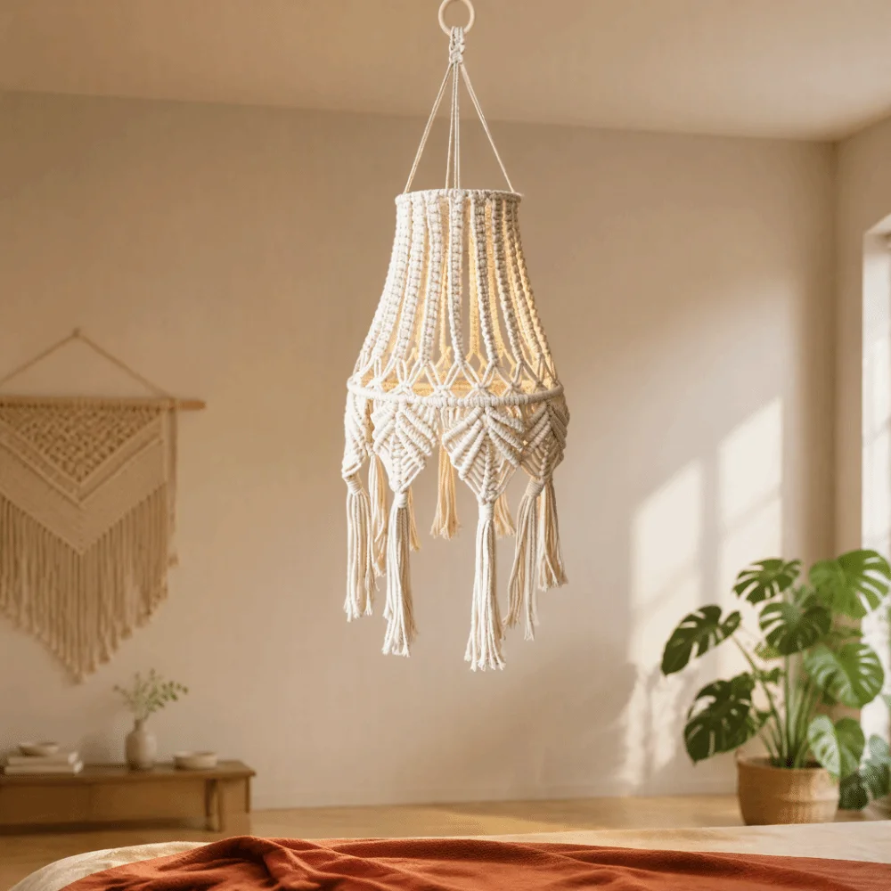 Handwoven Cotton Macrame Lampshade Tassel Detail Cotton Rope Handmade Lamp Cover Handcrafted Design Woven Texture
