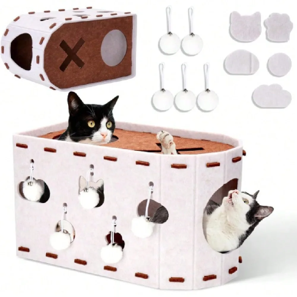 

Cat House For Indoor Cats, Foldable Felt Bed Cave With Tunnel, Large Cat Bed Up For Play, Soft & Warm Cat Beds