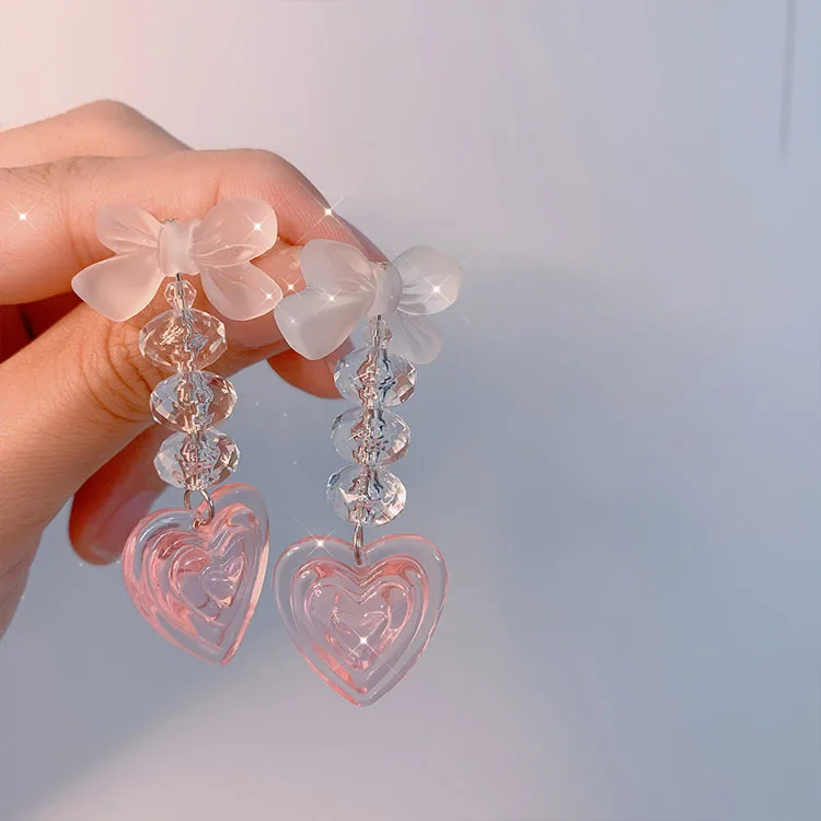 Japanese Transparent Cute Bow Crystal Chain Clip on Earrings Acrylic Pink Lovely Heart Pendant Clip Earrings Without Piercing