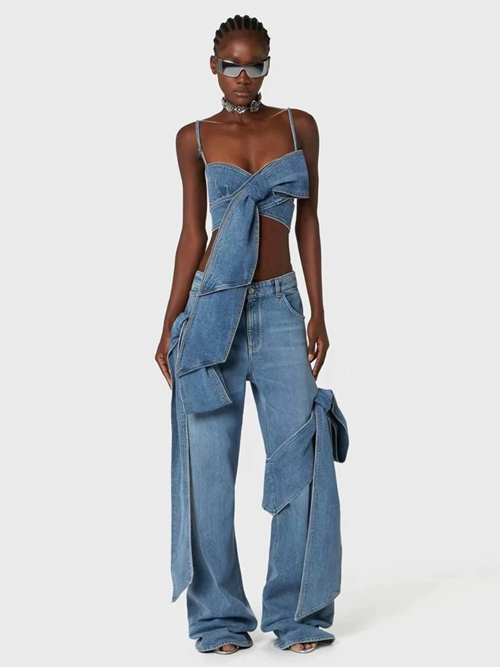 Haut court en denim à bandes croisées pour femmes, camisoles taille haute, jambe large, jean droit, streetwear sexy, mode, nouveau, ensemble 2 pièces, 2024