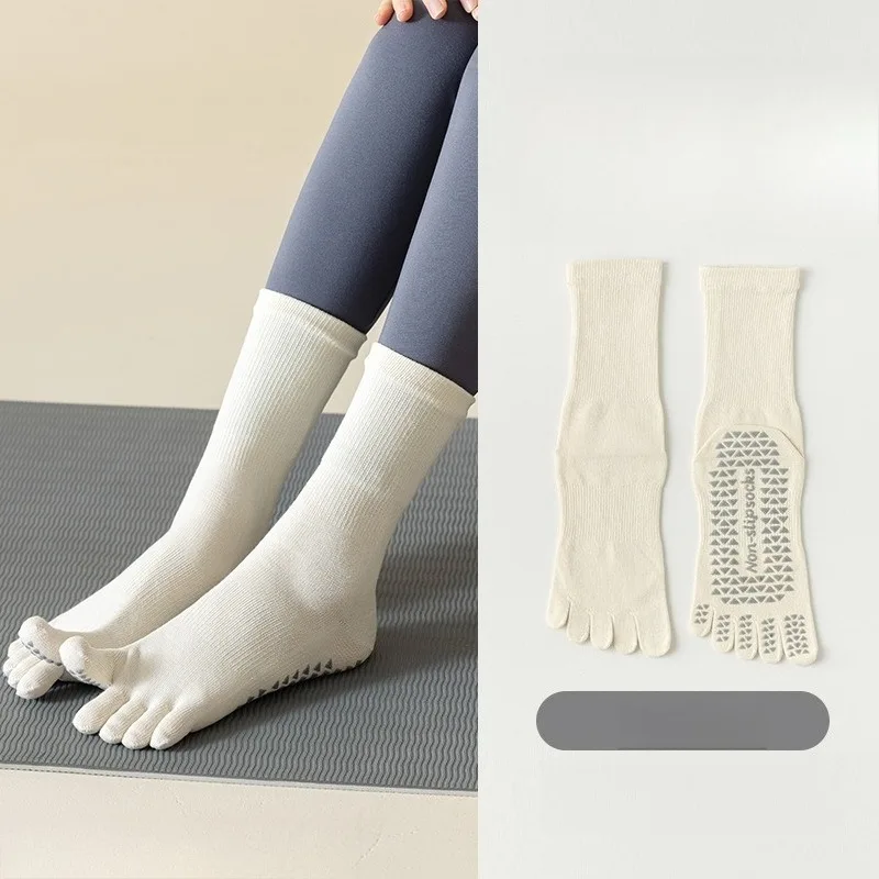 جوارب يوجا بلون موحد، جوارب رياضية احترافية غير قابلة للانزلاق بخمسة أصابع، جوارب بيلاتيس متوسطة الساق للخريف والشتاء