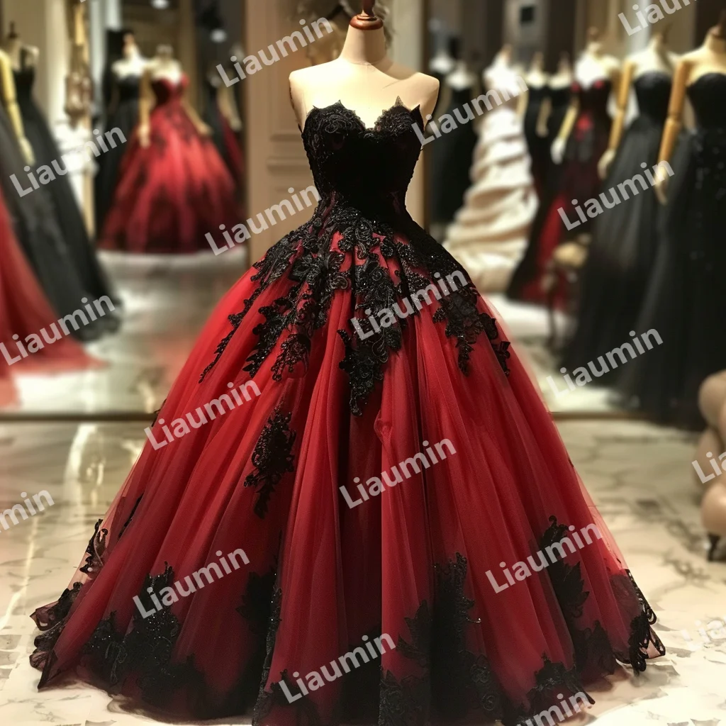 Tulle rosso pizzo nero Applique abito da ballo senza spalline lunghezza intera Prom abiti da cerimonia abiti da sera con lacci sul retro A3-4.6