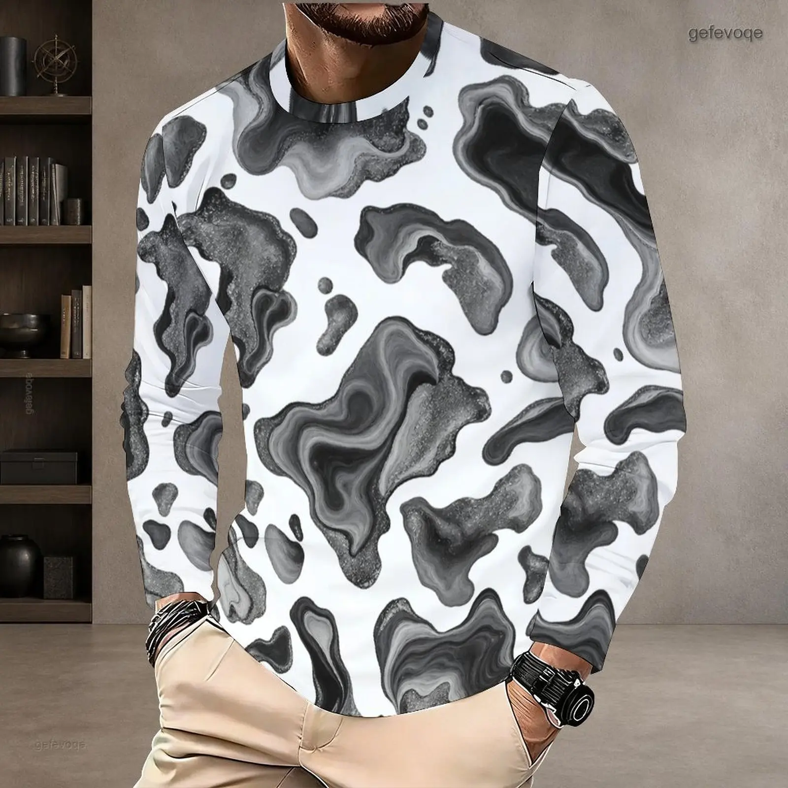 Men Stylized Abstract Leaf Printed Round Neck Long Sleeve Pullover T-Shirt White Black Gold Gray