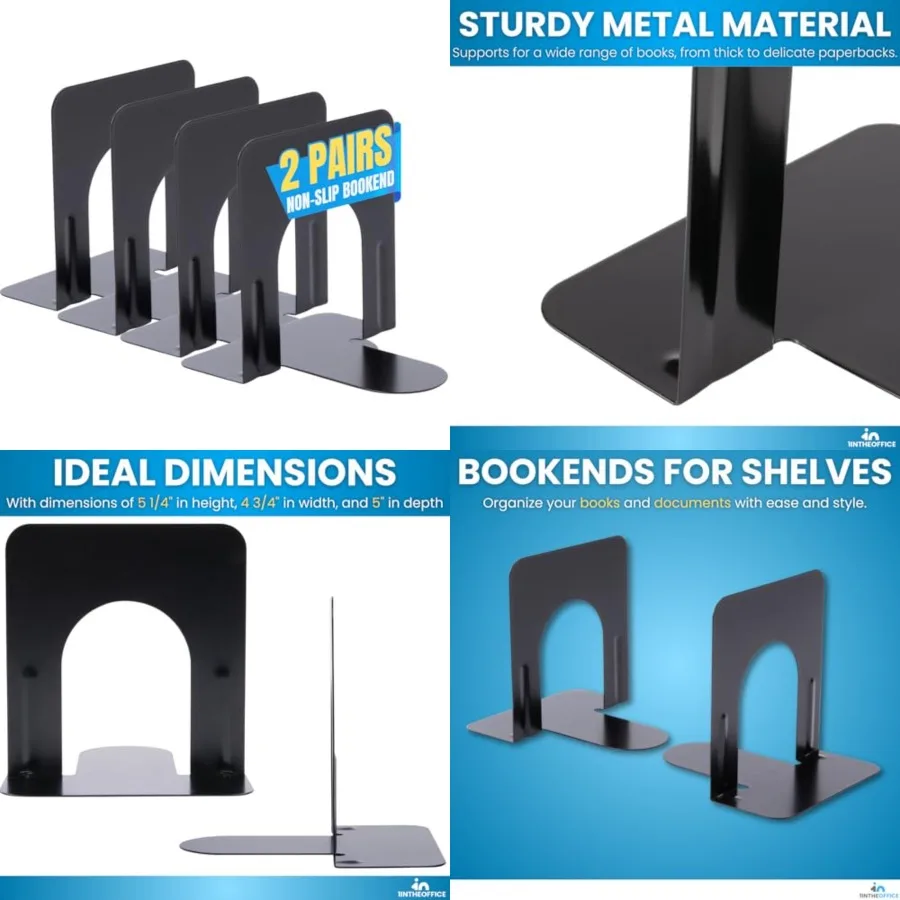 مساند كتب معدنية أنيقة للمكاتب المنزلية والمكاتب مقاس 5.25 × 4.75 × 5 بوصة مجموعة نهائية سوداء غير قابلة للانزلاق مكونة من 4 قطع مثالية لتنظيم Boo #1