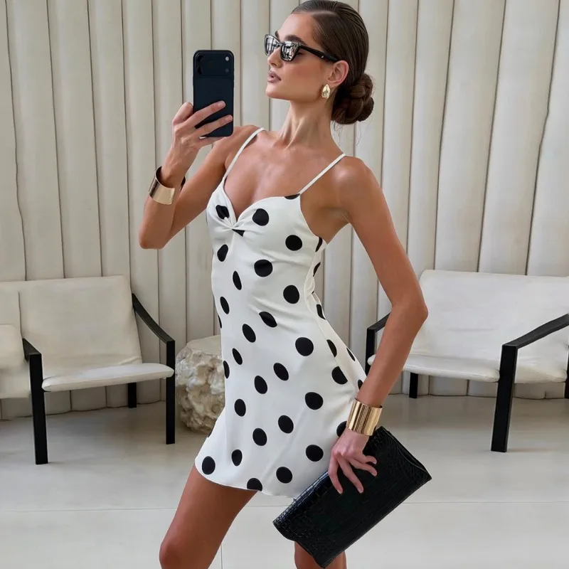 

Tuularose White Printed Mini Dress Women's Summer Sexy Sleeveless Polka Dot Backless Dress Fashion Women's Casual Dress Vestidos